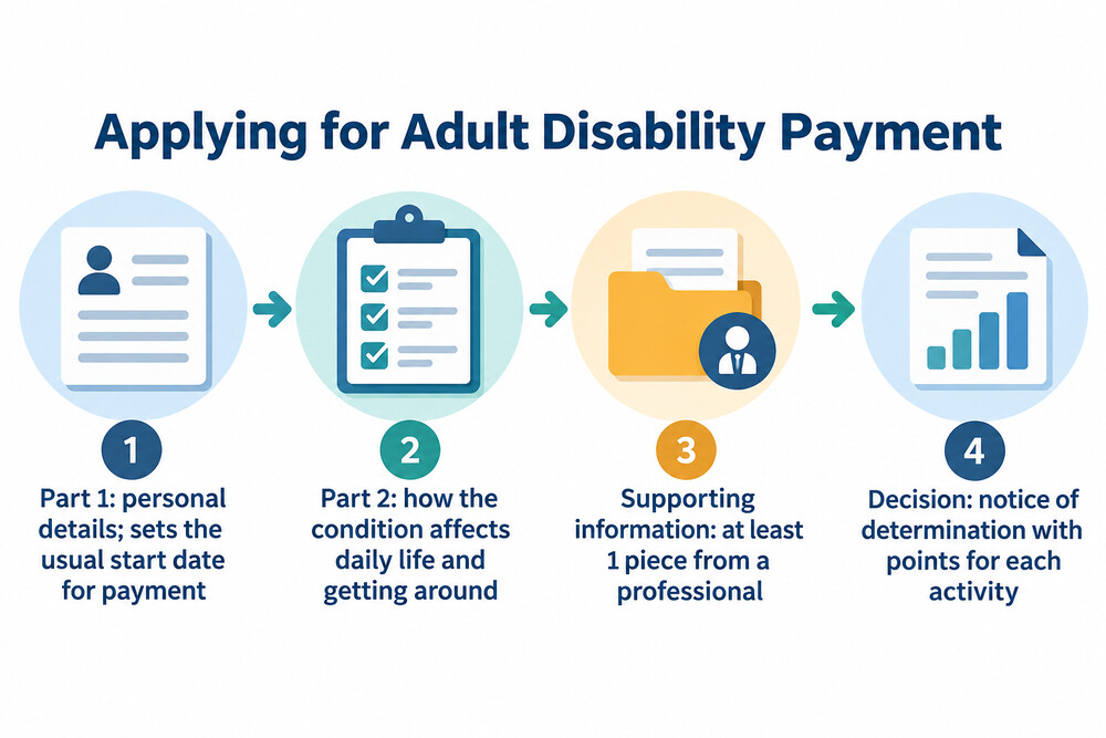 The steps in an Adult Disability Payment application