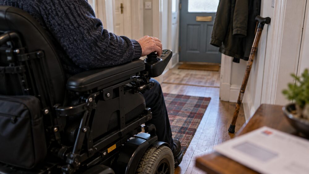 A hand rests on the joystick of a powered wheelchair in a flat hallway.