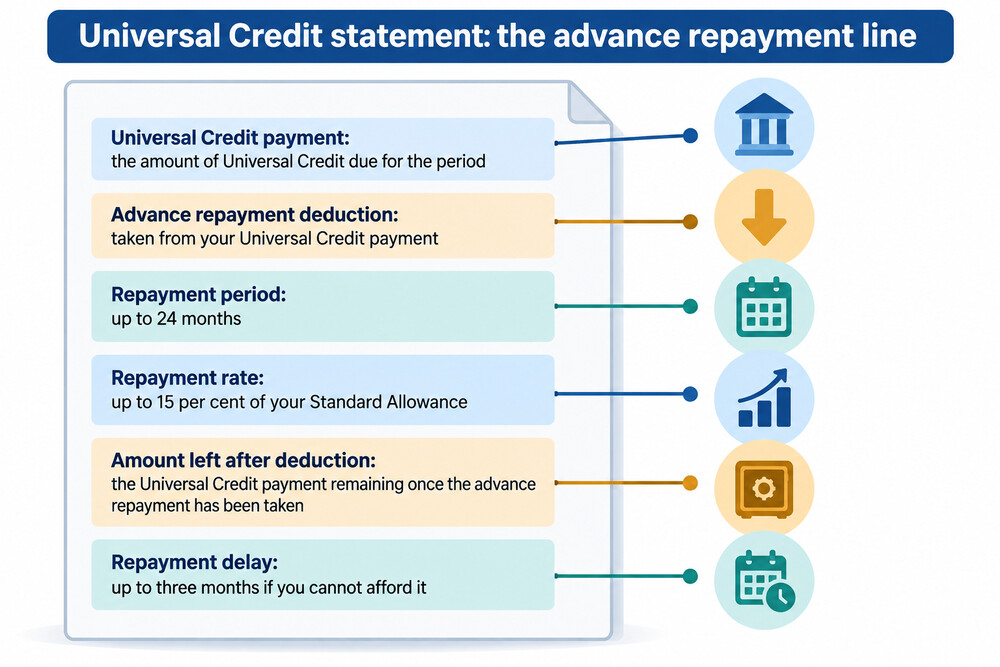 A Universal Credit award statement showing a deduction line for an advance repayment
