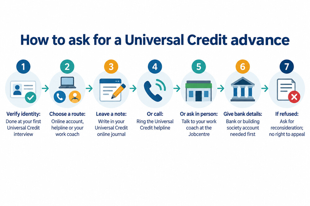 A screenshot-style illustration of a Universal Credit online journal message asking for an advance payment