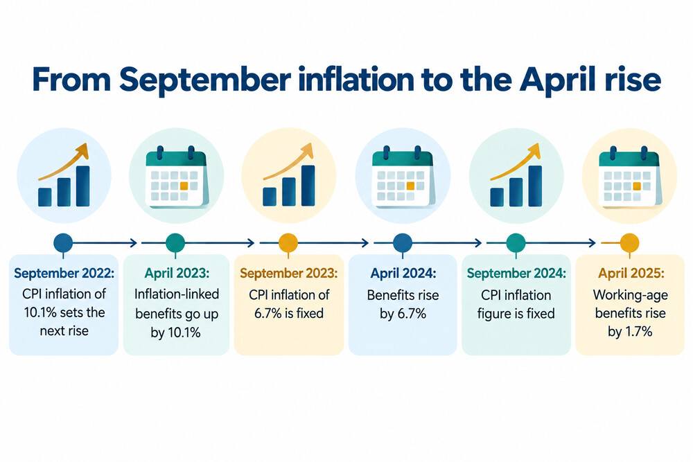 A calendar page showing September turning to April, illustrating the gap between the inflation reading and the payment rise