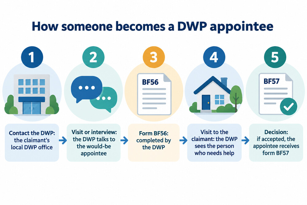 A flow diagram showing the steps to becoming a DWP appointee, from contacting the DWP to receiving form BF57