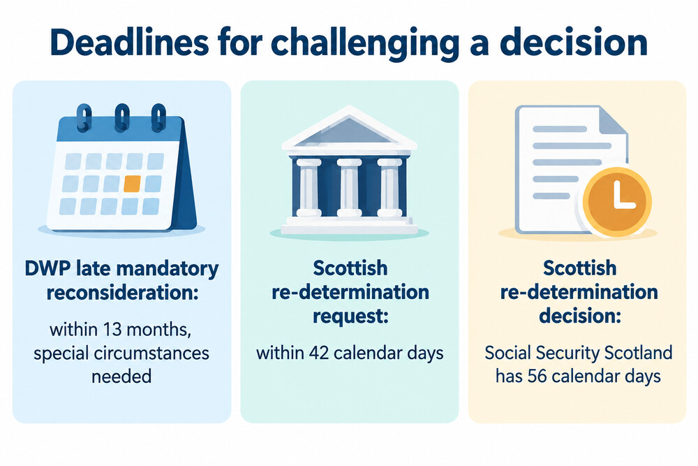 A timeline comparing the deadlines for challenging a DWP decision and a Social Security Scotland decision