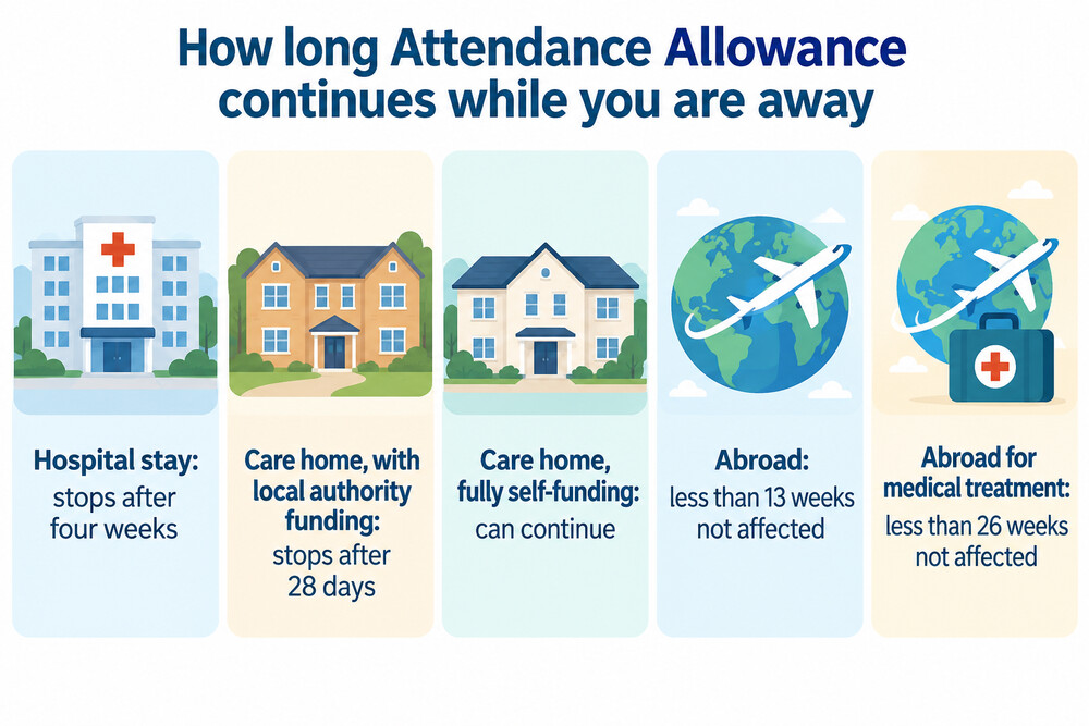 A timeline showing how long Attendance Allowance continues during hospital stays, care home stays and trips abroad
