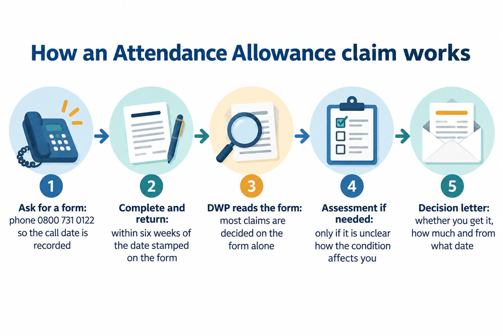 A flow diagram showing the steps from asking for a claim form to receiving a decision letter
