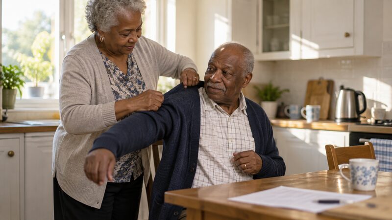 A woman helps an older man put on a cardigan at a kitchen table.