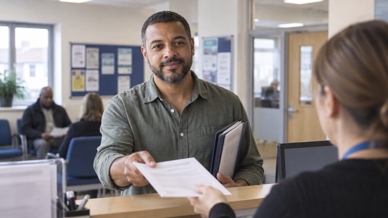 A man hands a blurred form across a council housing office counter.