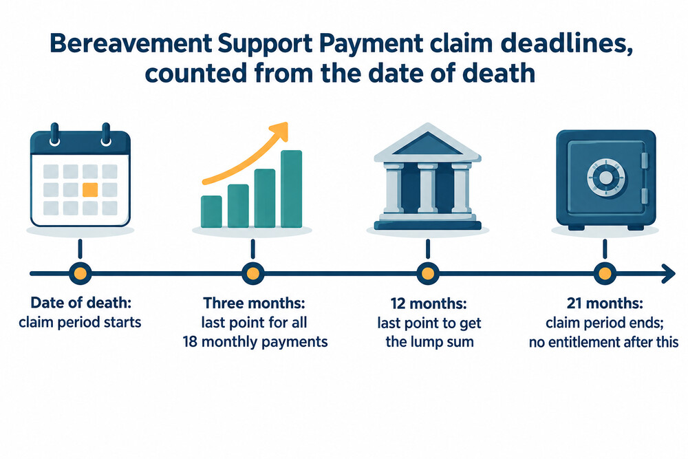 Timeline showing the three claim deadlines for Bereavement Support Payment after a death