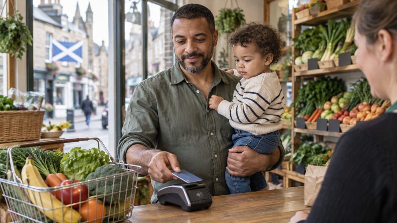 A man holding a toddler taps a prepaid card at a greengrocer's counter.