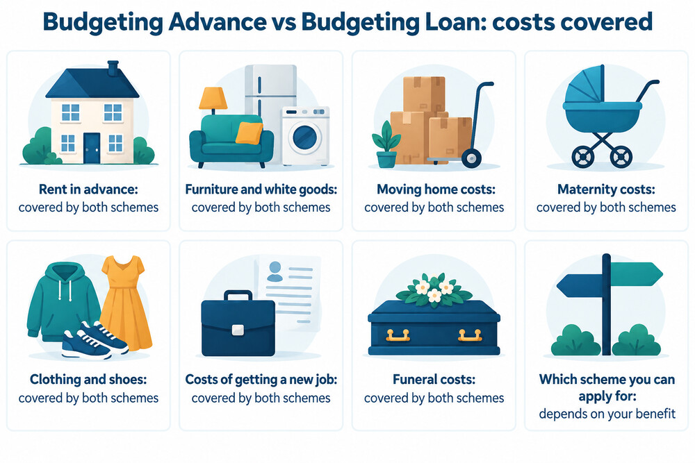 A simple table showing which costs each scheme covers, with rent in advance, furniture and moving costs in both columns