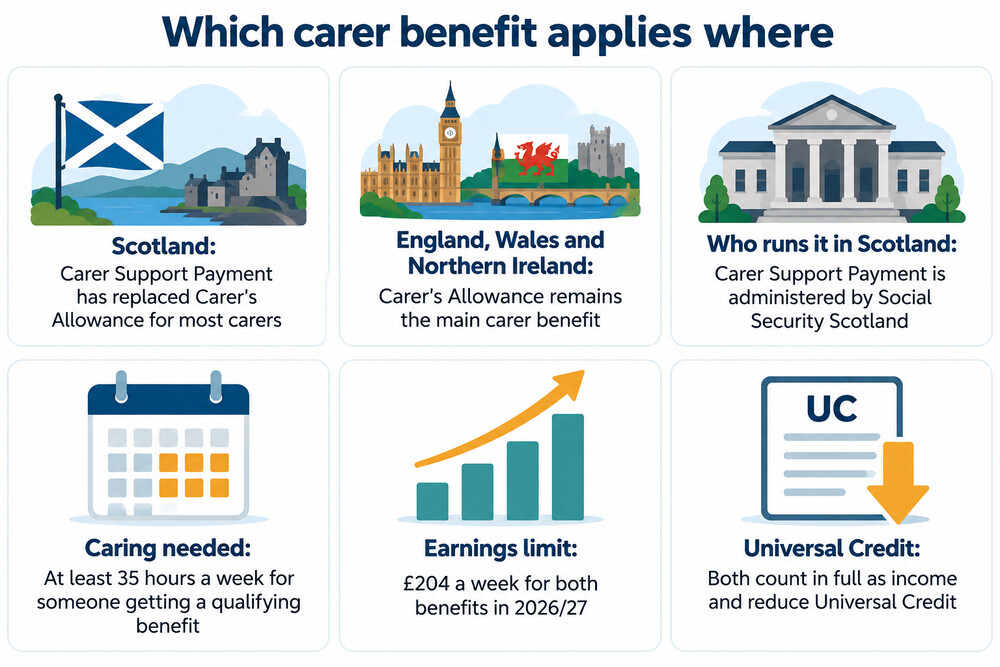A map of the four UK nations showing which carer benefit applies in each