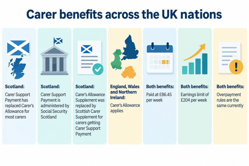A map of the UK showing which carer benefit applies in each nation