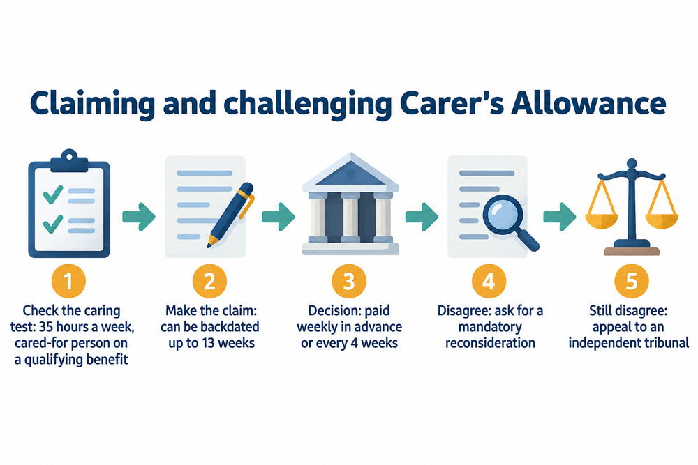 How a Carer's Allowance claim moves from application to payment or challenge