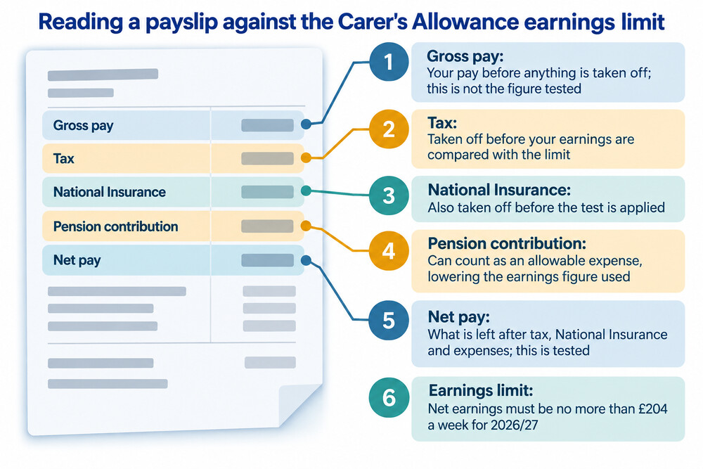 A payslip showing gross pay being reduced by tax, National Insurance and allowable expenses to reach the net earnings figure the limit is tested on