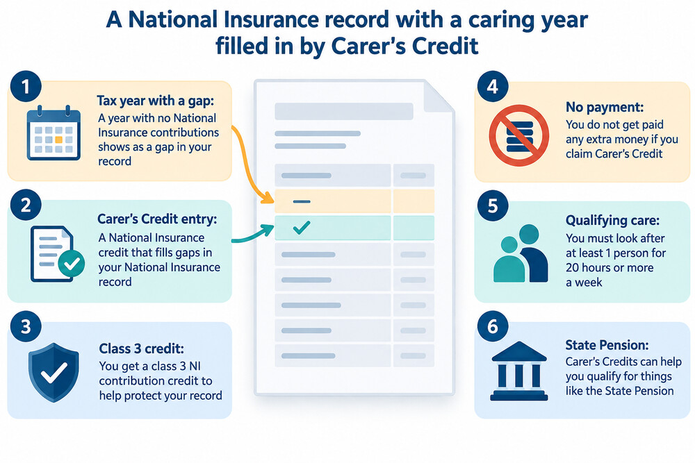 A National Insurance record showing a gap in one tax year filled by a carer's credit entry