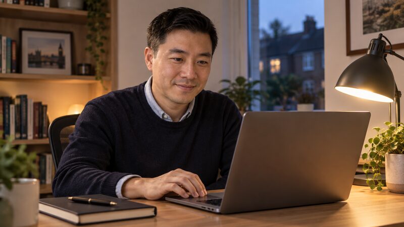 A man sits at a desk in a home office working on a laptop in the evening.