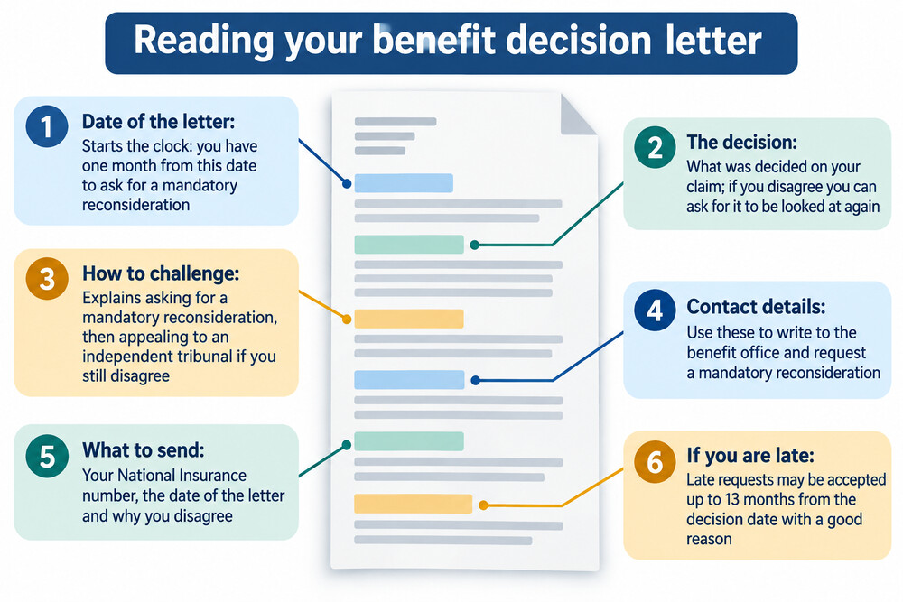 A benefit decision letter from the DWP, with the date on the letter circled to show where the one-month deadline starts
