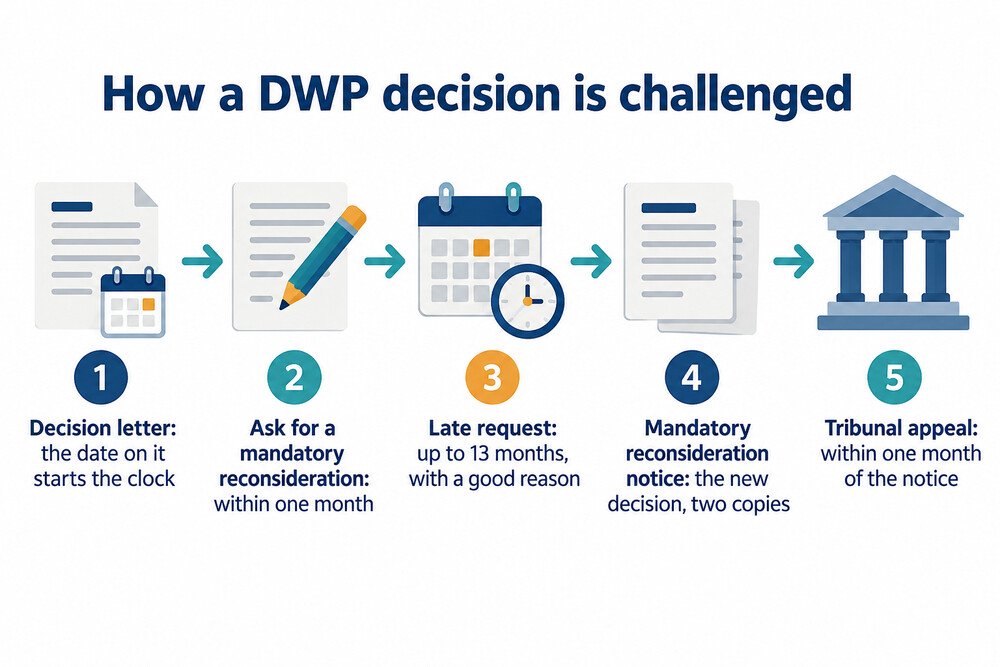 A diagram of the steps from a DWP decision letter through reconsideration to tribunal