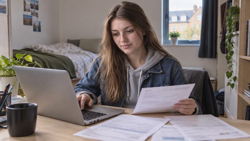 A student types figures into a laptop beside blurred bills and a payslip.