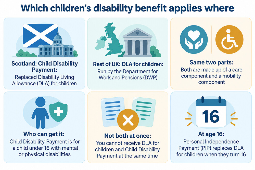 A map of the UK showing which benefit families claim for a disabled child in each nation