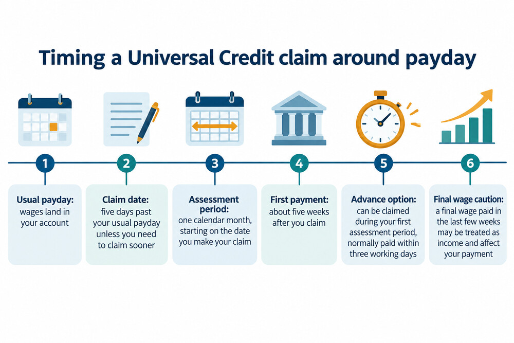 A calendar showing a payday and a Universal Credit claim date five days later, with the assessment period running from the claim date