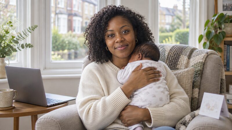 A woman sits in an armchair holding a newborn beside an open laptop.
