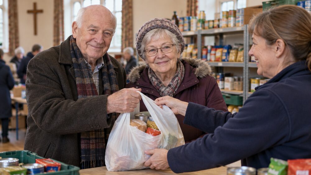 An older couple receive a bag of groceries from a volunteer at a food bank.