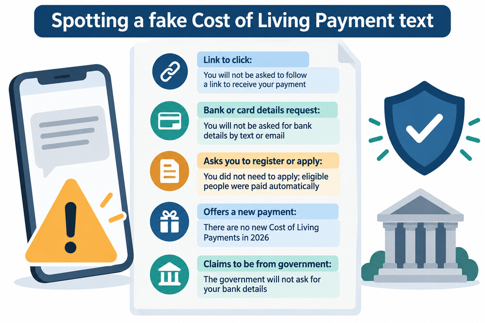 A scam text message on a phone claiming the recipient must follow a link to claim a Cost of Living Payment