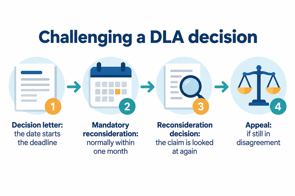 A flow showing a DLA decision, then mandatory reconsideration, then an appeal to a tribunal