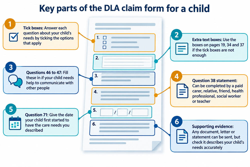 The DLA1A claim form for a child, with its long question sections about care and mobility needs