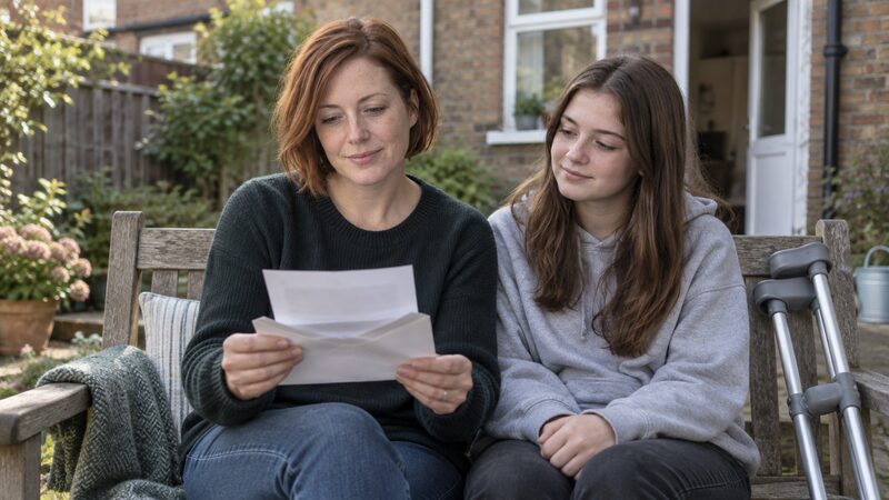 A woman and her teenage daughter sit on a garden bench with a blurred letter.
