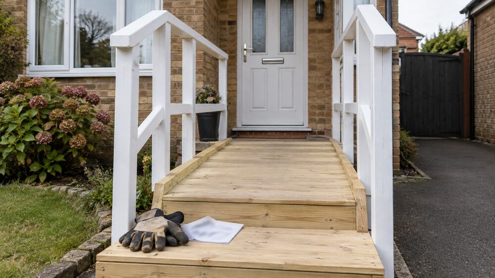 A new wooden wheelchair ramp with white handrails leads to a bungalow front door.