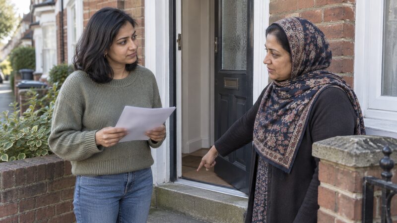 Two women discuss a ramp on the doorstep of a terraced rental home.