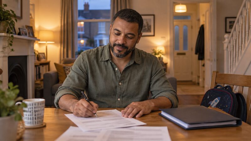 A man sits at a table filling in a paper form beside a folder of rent papers.