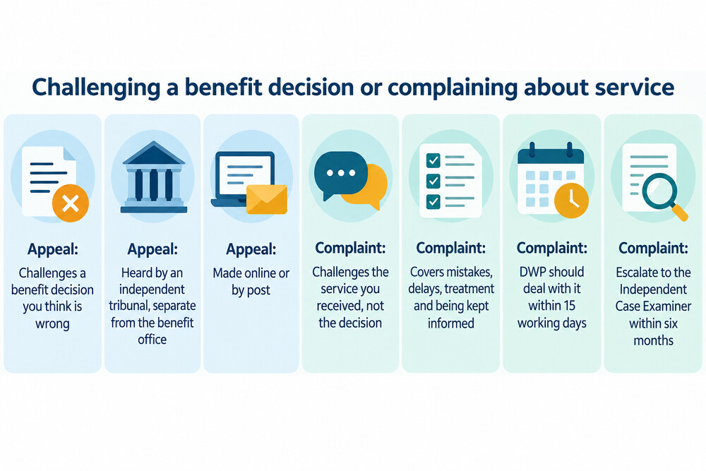 A simple two-column comparison of a benefit appeal and a DWP complaint