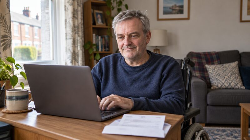 A wheelchair user types on a laptop at a desk with a paper note beside the keyboard.