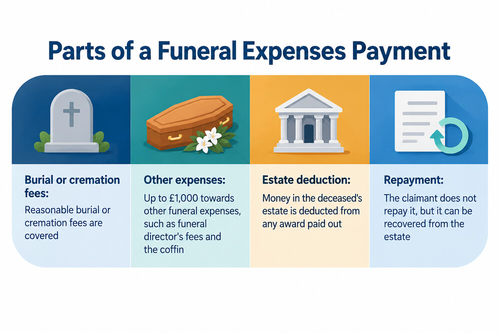 A simple diagram showing the two parts of a Funeral Expenses Payment: burial or cremation fees, and a separate £1,000 contribution