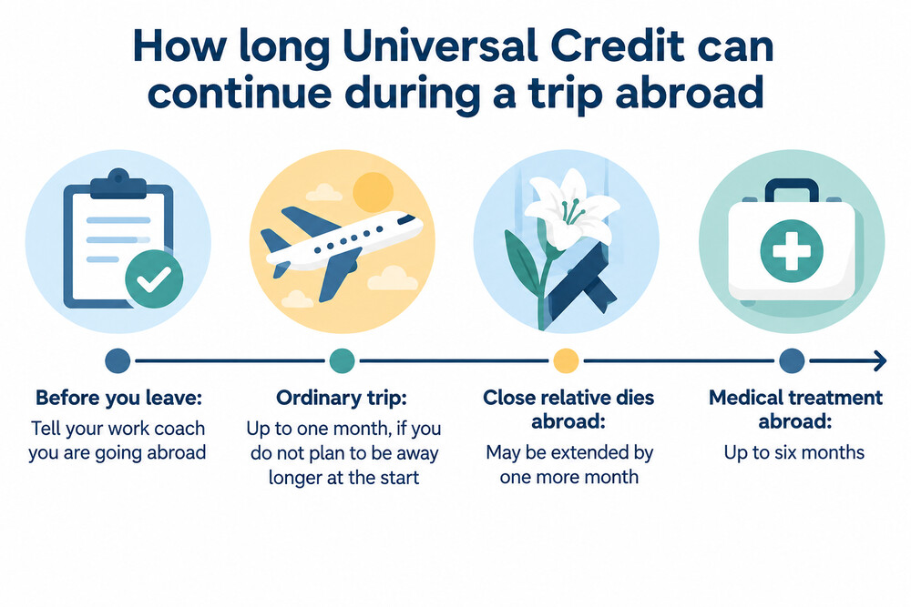 A timeline showing a Universal Credit claimant's trip abroad, the one-month limit and the possible extra month