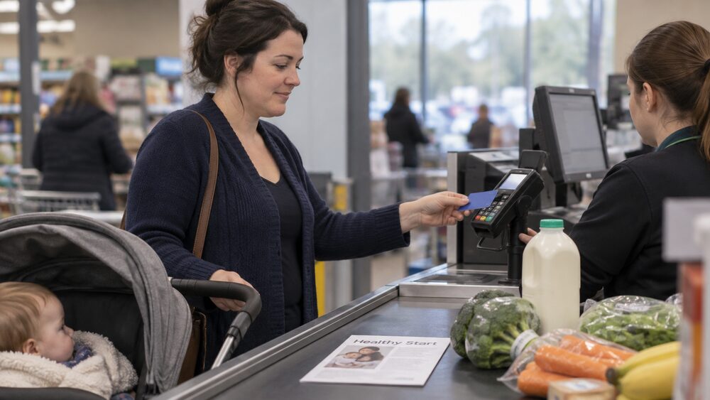 A pregnant woman holds an orange in a supermarket aisle with a basket of food.