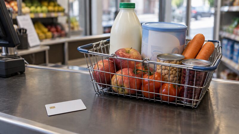 A Healthy Start prepaid card next to milk, fresh fruit, vegetables and a tin of pulses, the kinds of items the card buys