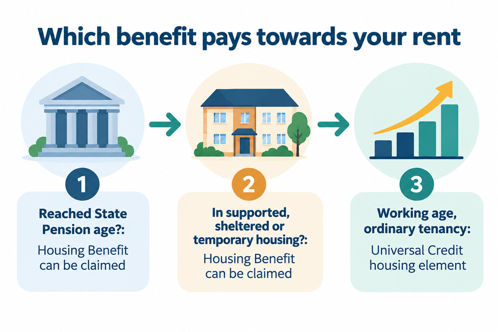 Two routes to help with rent: Universal Credit for most working-age renters, Housing Benefit for pension age and supported or temporary housing