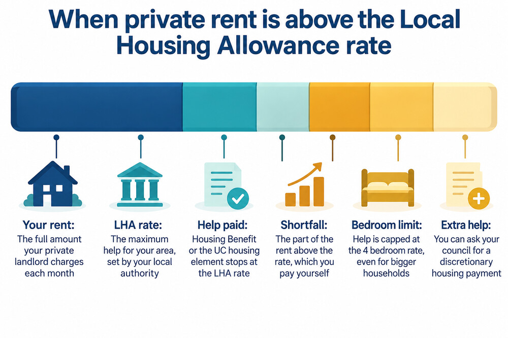 Illustration of a private rent bill sitting above the Local Housing Allowance cap, with the shortfall the tenant must cover