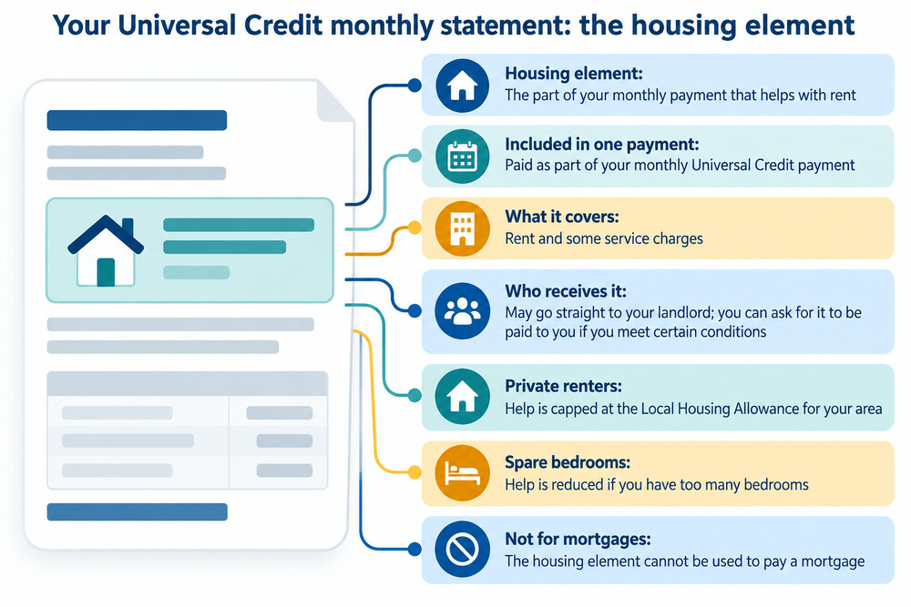 A Universal Credit statement showing the housing element within the monthly payment breakdown