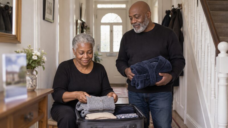 An older woman folds clothes into a suitcase in a hallway while a man beside her holds a garment.