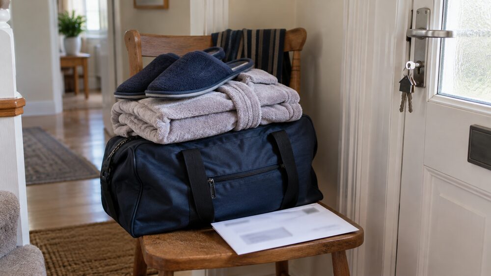 A zipped overnight bag with a dressing gown and slippers on a hallway chair.