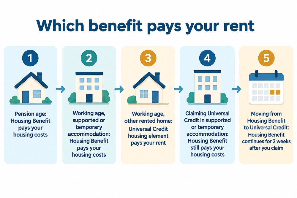 A diagram showing how rent help is split between Universal Credit and Housing Benefit depending on the type of accommodation
