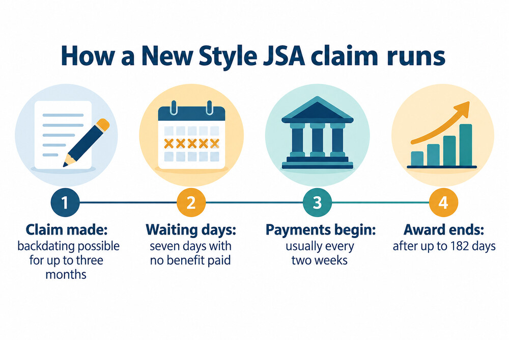 A timeline of a New Style JSA claim from the day of claiming to the end of the award