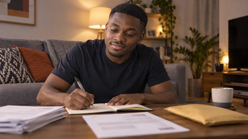 A young man writes a letter at a coffee table with papers and an envelope beside him.
