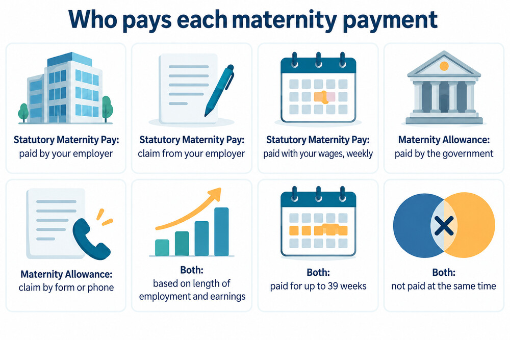 A simple side-by-side comparison of who pays Statutory Maternity Pay and who pays Maternity Allowance