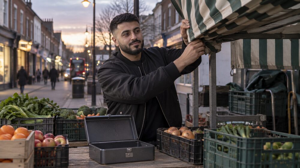 A market trader folds his awning at dusk beside crates of unsold produce and an empty cash tin.